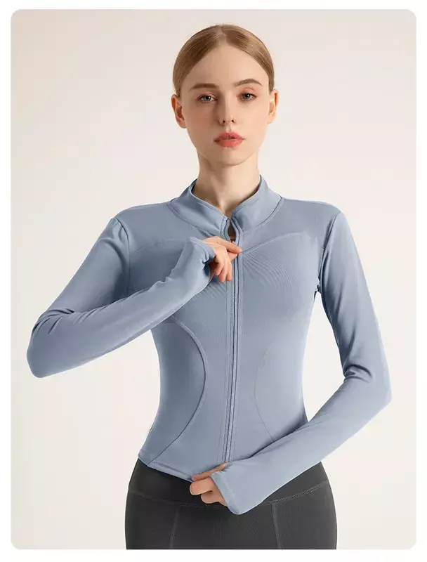 เสื้อโค้ทกีฬายืดหยุ่นสูงแห้งเร็วของผู้หญิงในฤดูใบไม้ร่วงและฤดูหนาวคอปกตั้ง Baju fitnes เข้ารูปสำหรับโยคะ