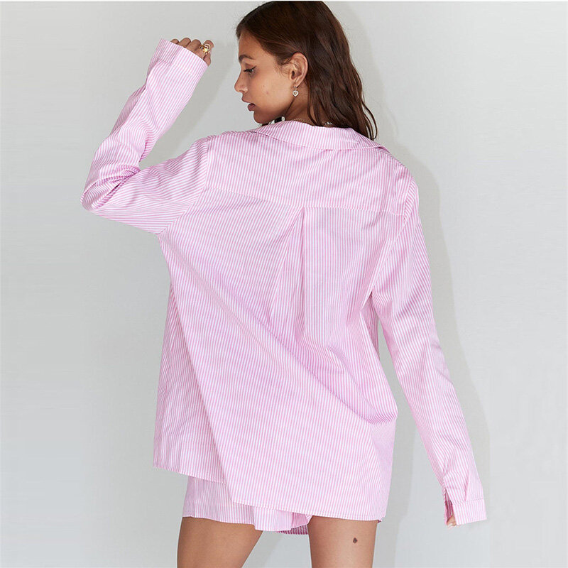 2022 여름 패션 여성 스트라이프 긴 소매는 칼라 버튼 긴 셔츠 탑스 의류 루스 캐주얼 2 조각 반바지 세트를 거절
