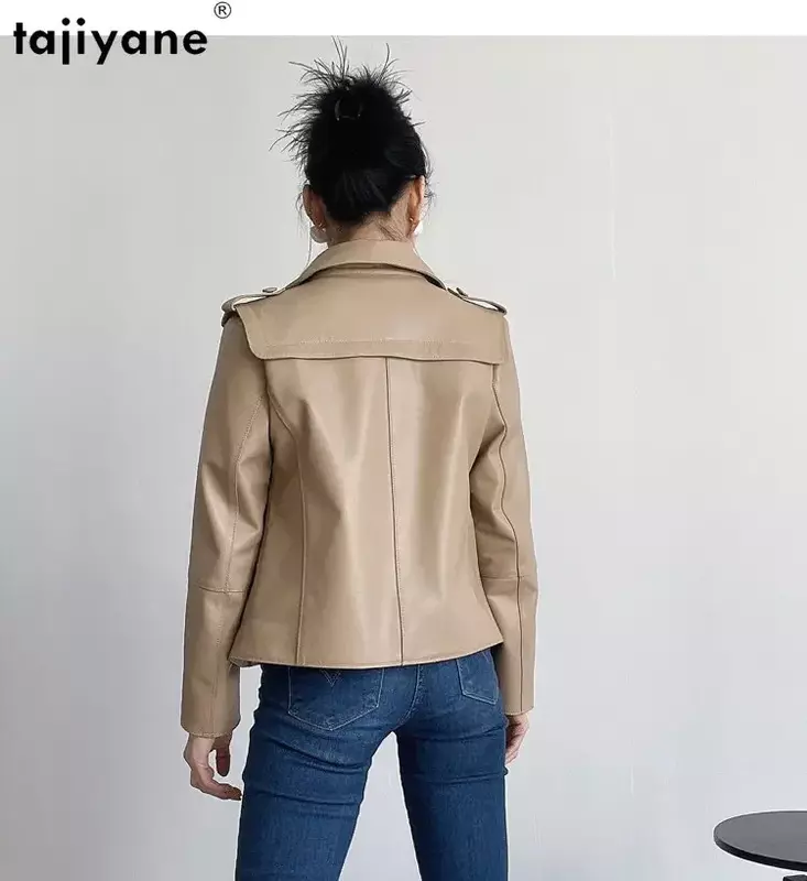 Женская кожаная куртка Tajiyane, короткая двубортная куртка из натуральной овечьей кожи с квадратным воротником, уличная одежда