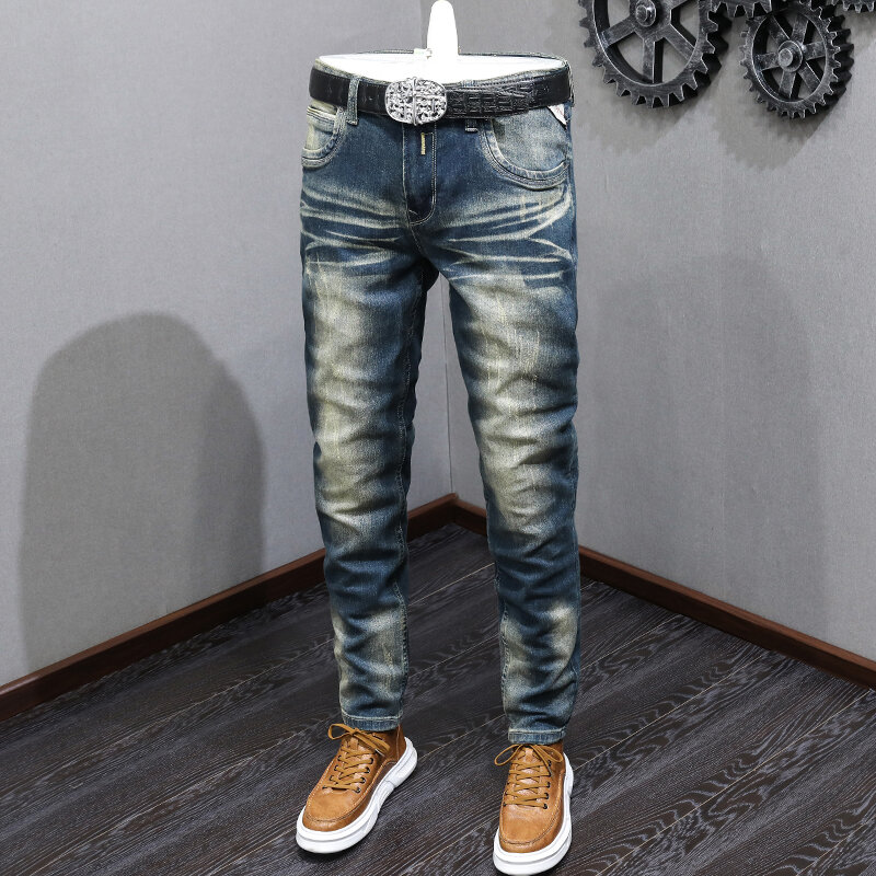حديثا موضة Vintage الرجال الجينز الرجعية الأزرق تمتد سليم صالح ممزق جينز الرجال السراويل المرنة مصمم غير رسمي الدنيم السراويل Hombre