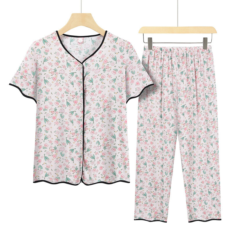 Middle Aged Mother Two-piece Set Summer Pajamas Set Cardigan Pyjama Femme Loose Grandma Pijama Feminino Outside Wear Sleepwear