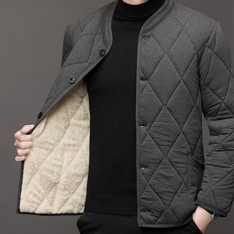 Autumn Winter Cotton Jacket Stand Collar Long Sleeve Quilted Padded Thickened Coat Pockets Single-Breasted Men Outwear