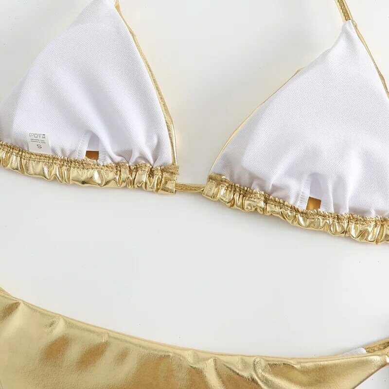 Bikini triangle métallisé pour femme, maillot de bain deux pièces, string sexy, couleur argent et or, livraison directe
