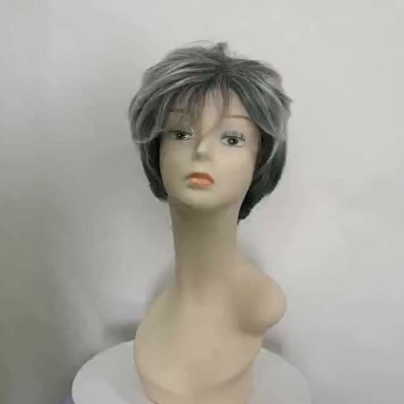 Short Natural Wigs With Bangs Soft Mommy Hair Daily Use Short Grey Ombre Curly Synthetic Hair Costume Party Wig For Women