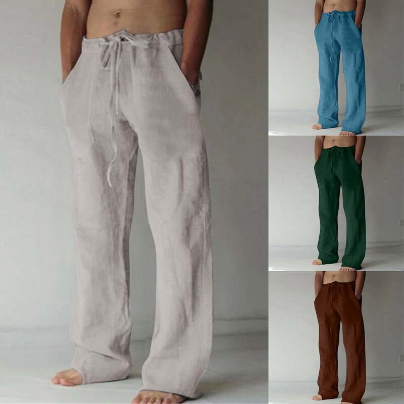 Calça casual de linho masculina, comprimento total, macia, cintura média, calças com cordão de bolso, calças de streetwear, verão