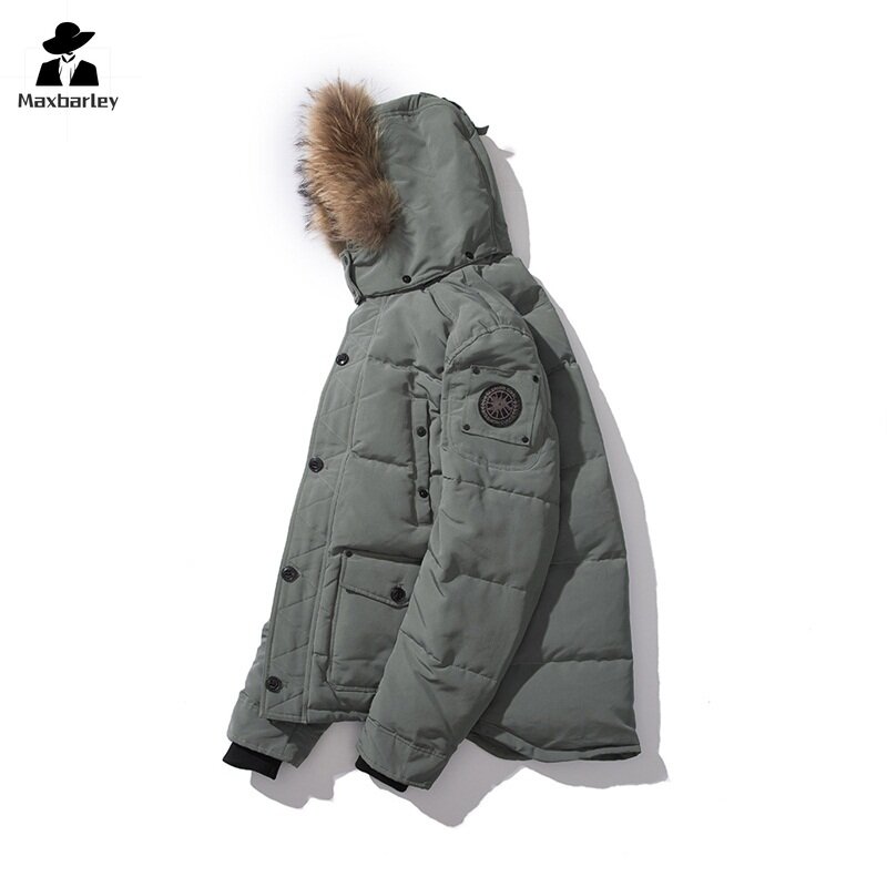 남성용 큰 울 칼라 후드 다운 재킷, 두꺼운 방풍 화이트 덕 다운 코트, 중간 길이 파카, 겨울 패션, 2024 신상