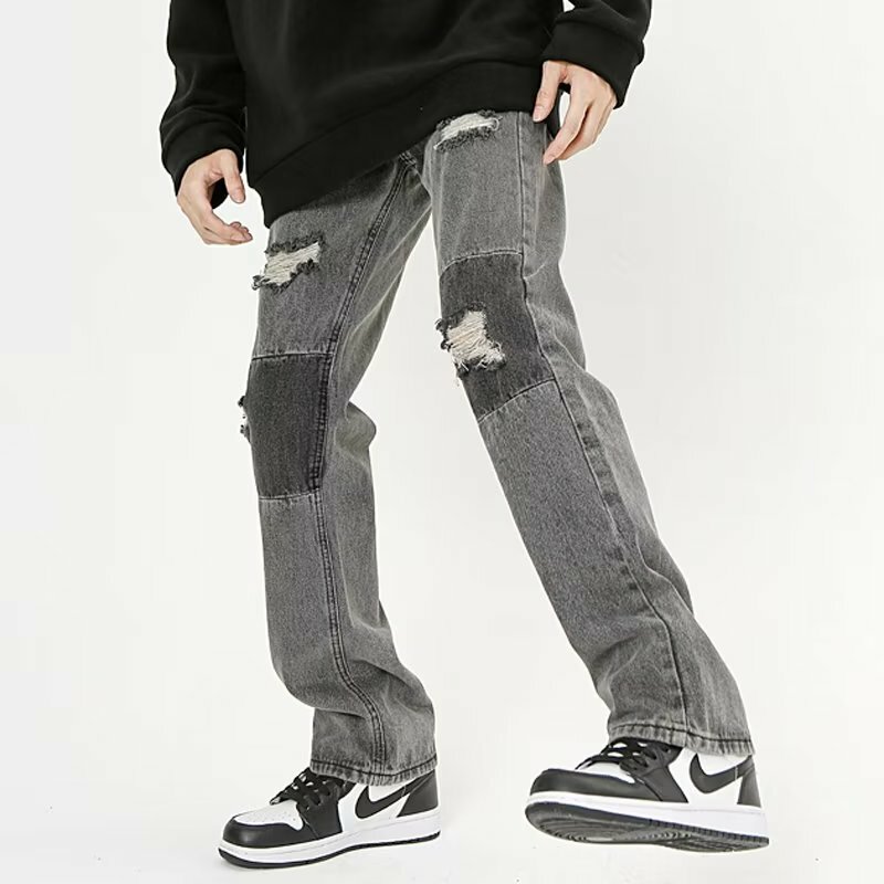 Vintage Baggy hole Jeans Patchwork Printing Loose Straight Denim Pants 2023 New Men Woman Hip Hop Streetwear Jeans 5032