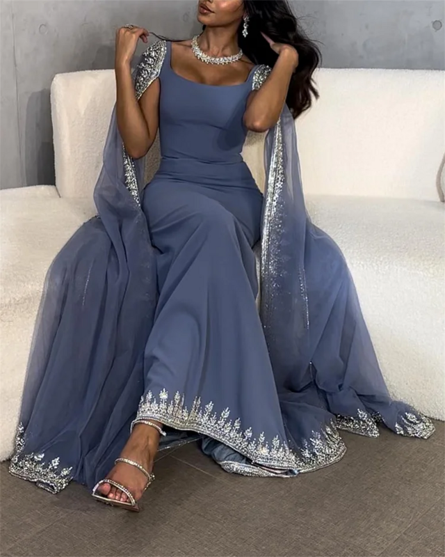 Oisslec Luxe Blauwe Zeemeermin Dubai Avondjurken Met Cape Mouwen Salie Groene Elegante Arabische Vrouwen Huwelijksfeest Gownsss445