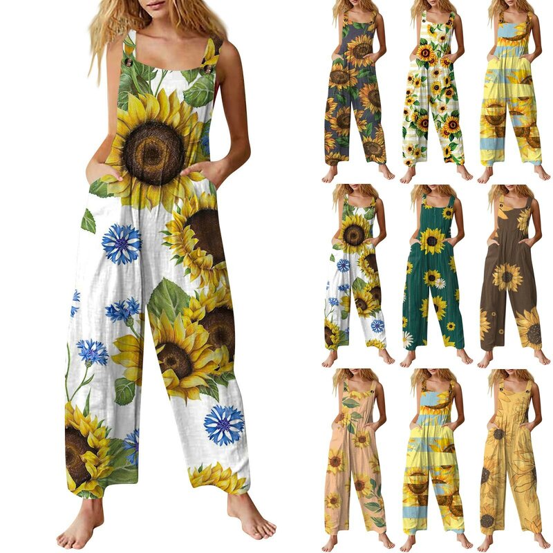 Baju monyet wanita, jumpsuit longgar pola cetak bunga matahari kerah bentuk U tanpa lengan musim panas katun Linen kasual