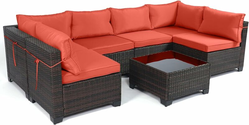 Outdoor Patio Furniture Sets,Rattan Conversation Sectional Set,Manual Weaving Wicker Patio Sofa with Tea Table