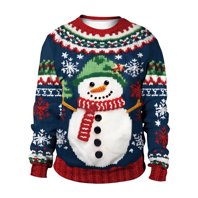 Women's Christmas Sweatshirt Snowman Christmas Tree Imitation Sweater Pattern 3D Digital Printed Pullover Winter Printed Sweater