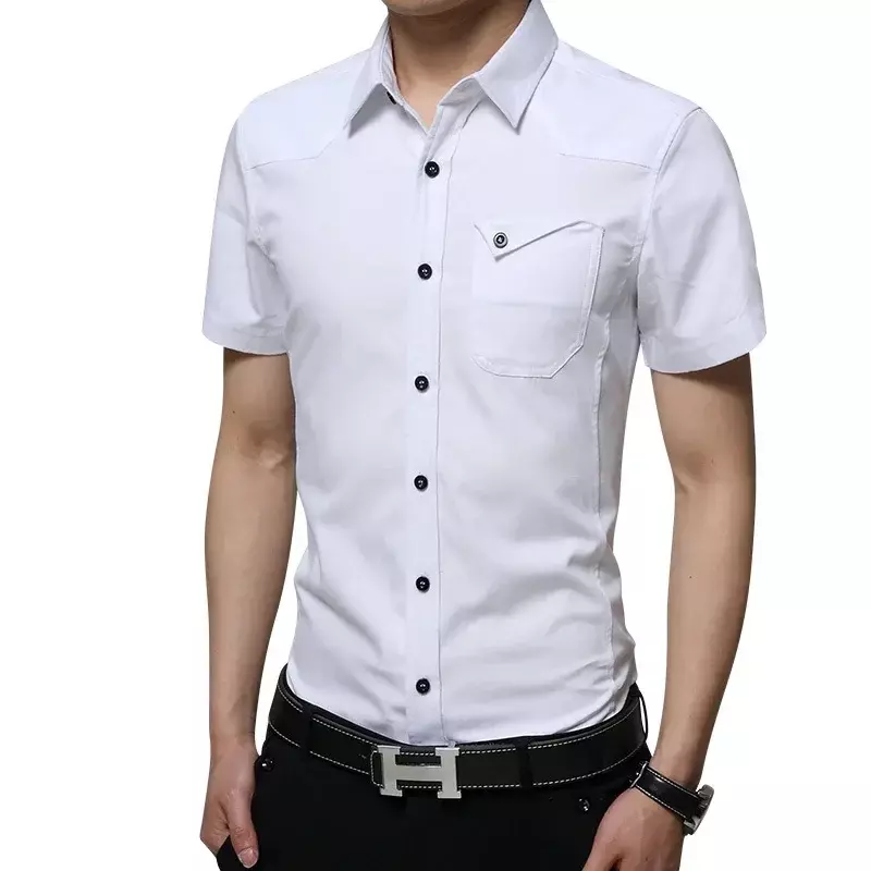 Camisa masculina de manga curta, bolso esquerdo do peito, roupas masculinas de alta qualidade, plus size 5XL, novo, 2024