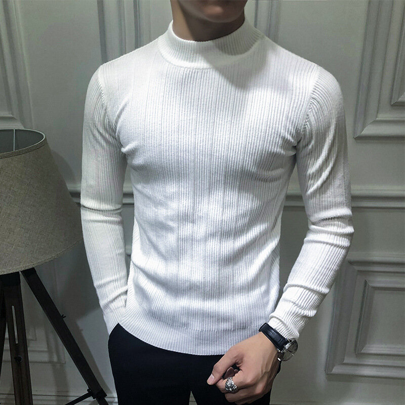 MRMT 2024 Brand New Men's Korean Striped Wild Men's Half High Neck Long Sleeve Sweater Middle Neck Knitted Bottoming Shirt