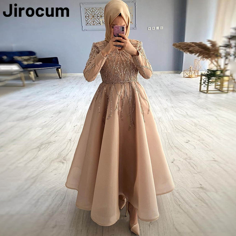 Jirocum Champagne Muslim Ball Gown Women's Beaded High Neck Long Sleeve Party Evening Gowns Organza Ankle Length Saudi Arabia