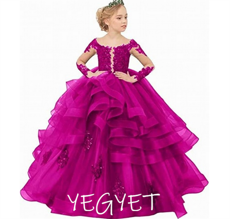 Sheer Long Sleeve Scoop Tiered Crianças Black Flower Girl Dress Para Casamento Lantejoula Lace Primeira Comunhão Ruffle Tulle Princess Gown