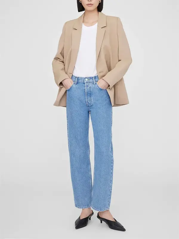 Jeans jeans de zíper monocromático feminino, calça que combina tudo com bolsos, 100% algodão, nova moda