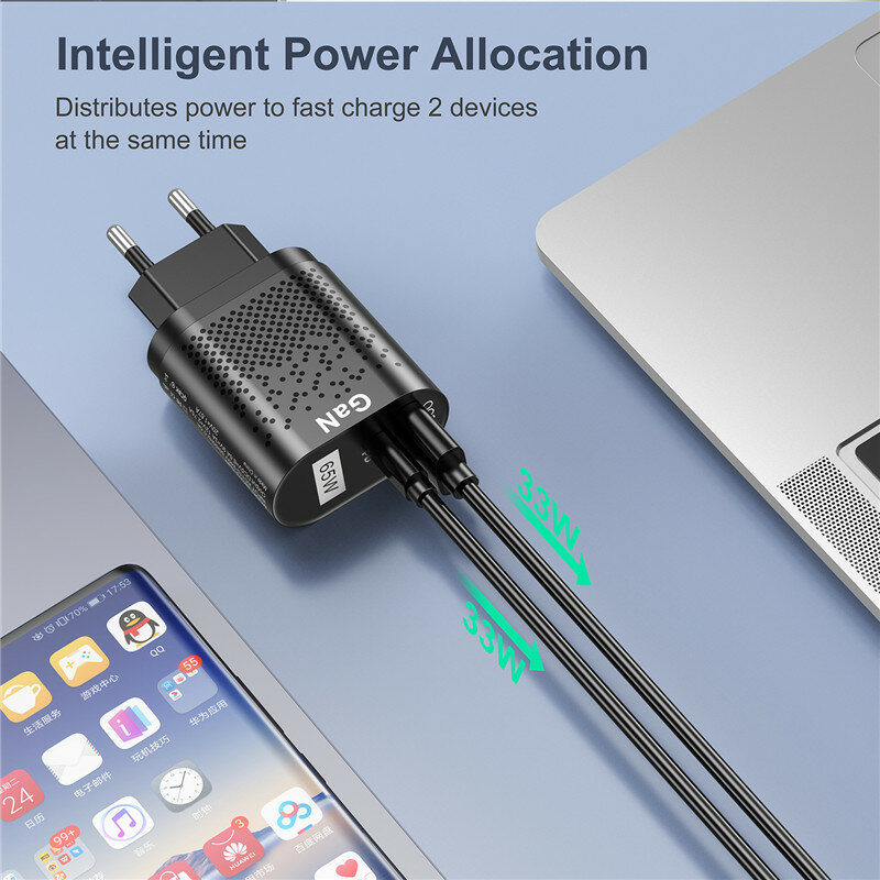 USLION-Chargeur rapide GaN 65W pour tablette et ordinateur portable, type C PD, spécification EU/KR/AU, adaptateur de prise pour iPhone Samsung