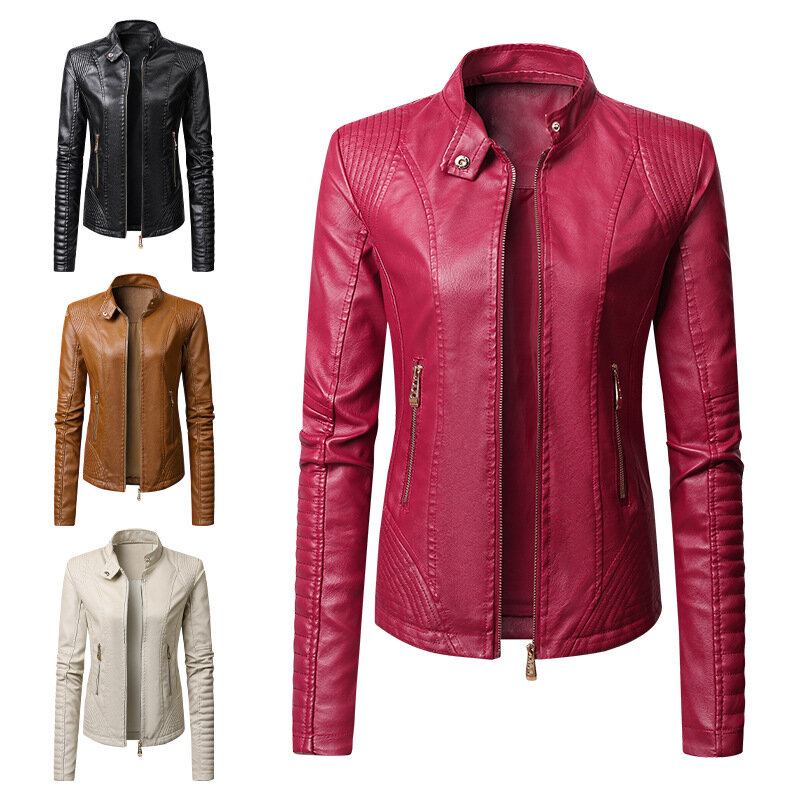 2024 Ladies New PU Leather Women's Stand Collar Fashion Casual Leather Jacket