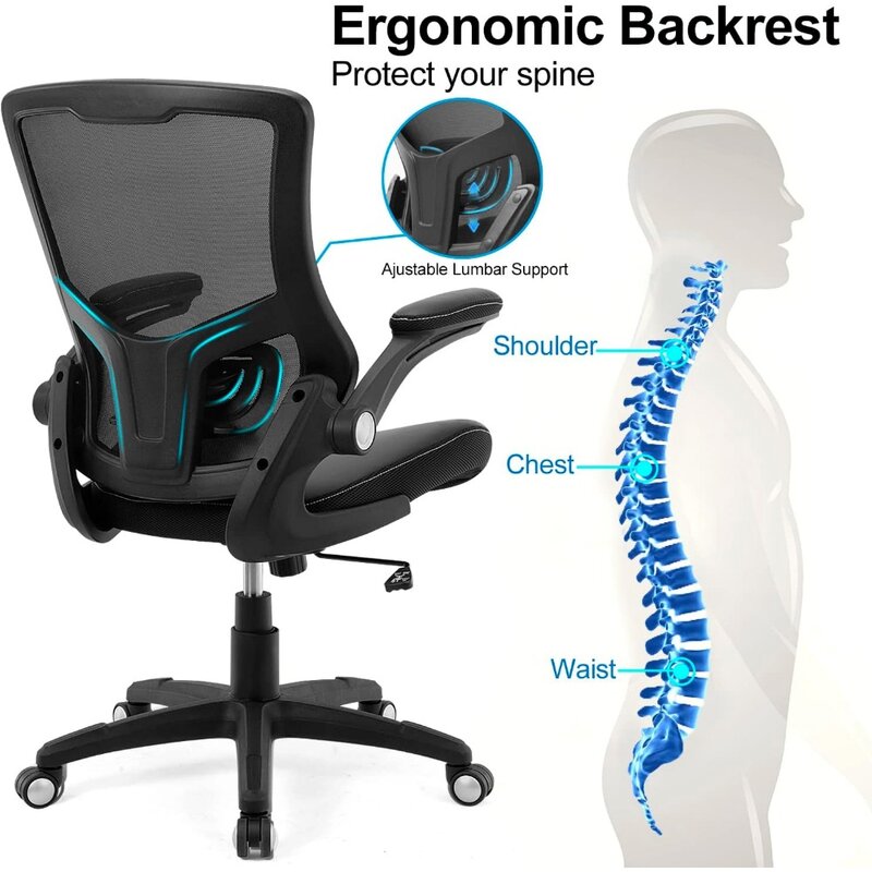 Office Chair Ergonomic Desk Chair, Computer PU Leather Home Office Chair, Swivel Mesh Back Adjustable Lumbar Support Flip-up