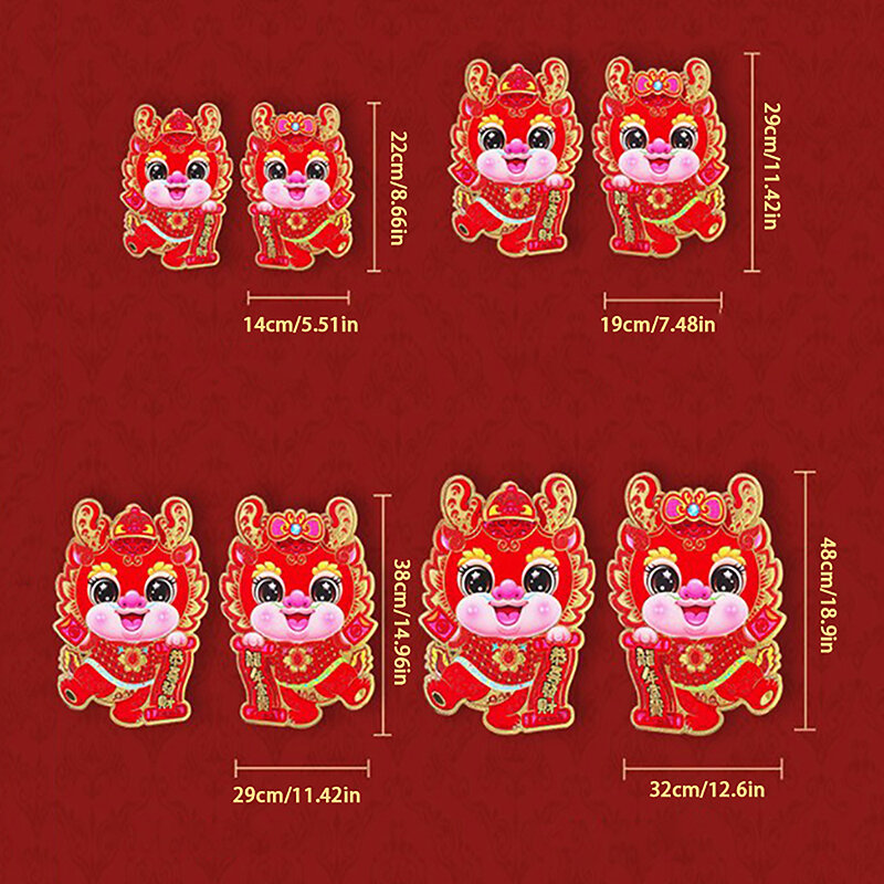 Stiker pintu naga, 1 pasang 2024 tahun dekorasi rumah pesta Festival Musim Semi Cina stiker jendela pintu naga kartun 3D