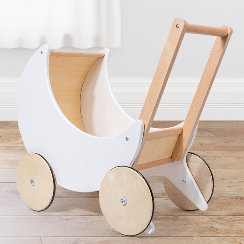 Nordic Wooden Hand Push Stroller, carrinho de lua branca, brinquedo infantil, novo