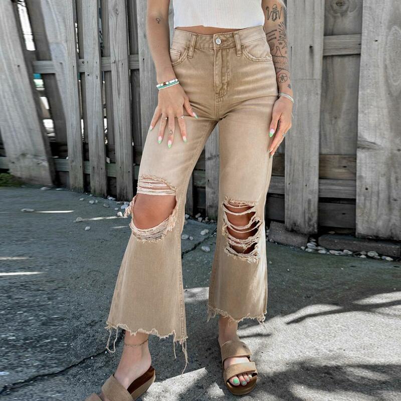 Female Streetwear Vintage High Waist Women's Ripped Flared Jeans Distressed Denim Pants with Patch Pockets Loose Wide for Women