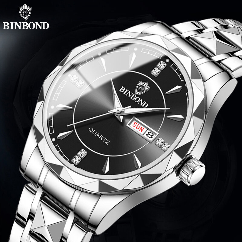 BINBOND-Relógio de pulseira de aço militar masculino, relógios de pulso empresariais, luminoso, moda nacional, esportes, impermeável, B5552, 50m