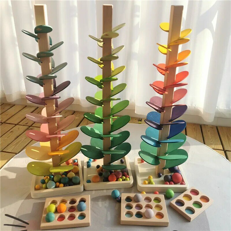 Hohe Qualität Regenbogen Musik Sounding Bäume Holz Blütenblätter Montage und Marmor Run Bälle Tracking Kinder Pädagogisches Spielzeug