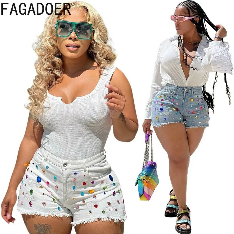 FAGADOER-Short en jean taille haute avec diamants colorés pour femme, pantalon slim avec poches, bas assortis pour femme, mode décontractée, 2024