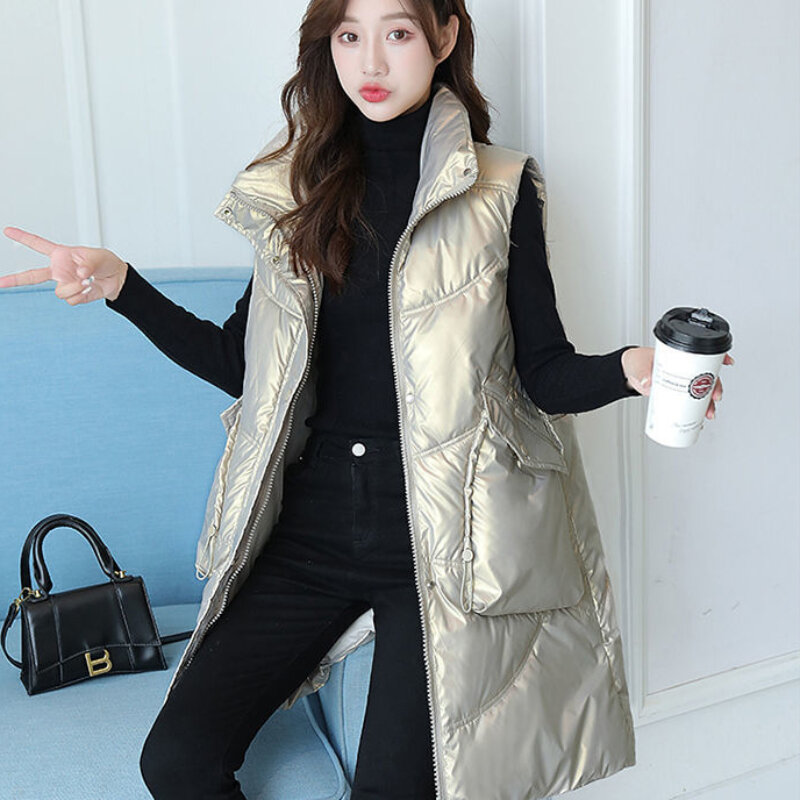 Парка женская Длинная с воротником-стойкой, модная теплая однотонная Простая Офисная универсальная зимняя одежда без рукавов, с карманами, в Корейском стиле, для отдыха