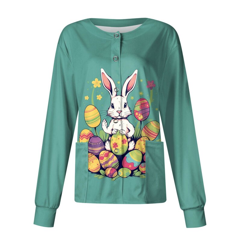 Beauty Salon Uniform Women Comfort Easter Printed Long Sleeve O Neck Holiday Fun Working Tshirts Blouse Nurse Tops With Pockets
