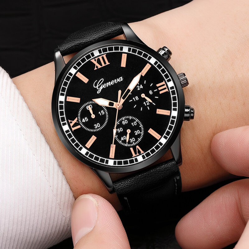 3 szt. Zestaw moda męska zegarki biznesowe męska na co dzień bransoletka z paciorkami naszyjnik czarny skórzany kwarcowy zegarek na rękę
