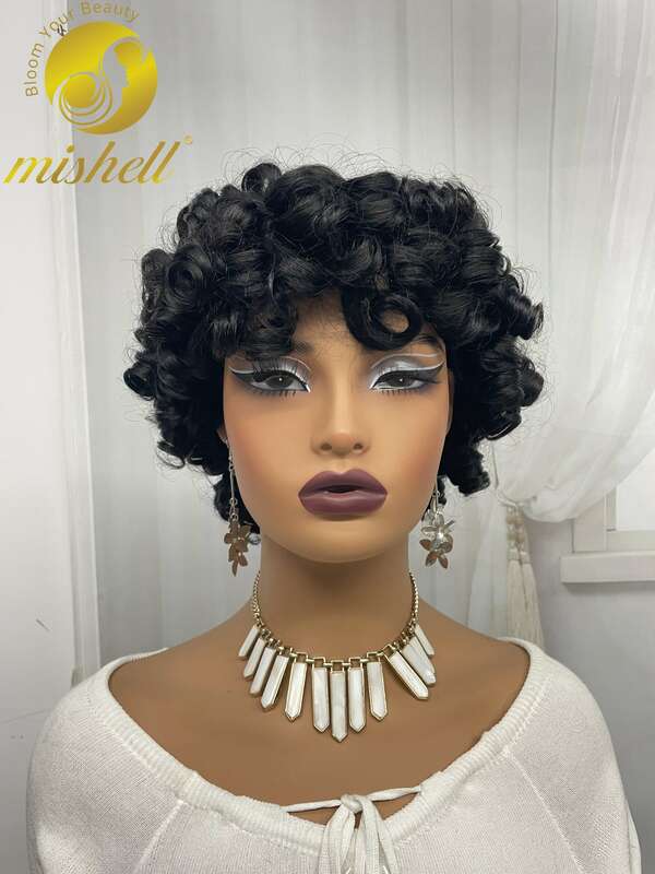 Peruca de cabelo humano encaracolado Bouncy com franja para mulheres negras, Afro Natural Kinky, máquina completa feita, 200% Densidade, 6"