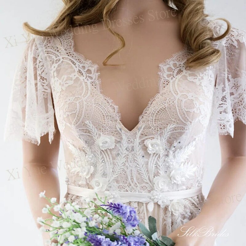 Элегантное изящное ТРАПЕЦИЕВИДНОЕ женское свадебное платье в стиле бохо кружевные платья невесты с аппликацией очаровательное пляжное платье с глубоким V-образным вырезом