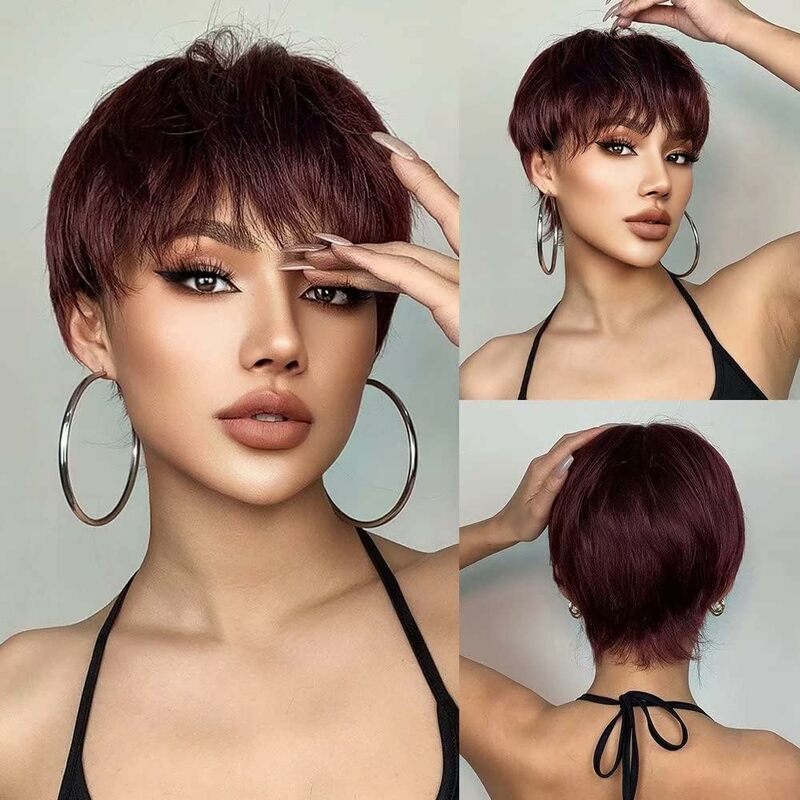 Nicelatus Natural Synthetic Burgundy Wig Short Hairstyles Wigs for Black Women Short Pixie Cut Wigs with Bangs Nice Wigs