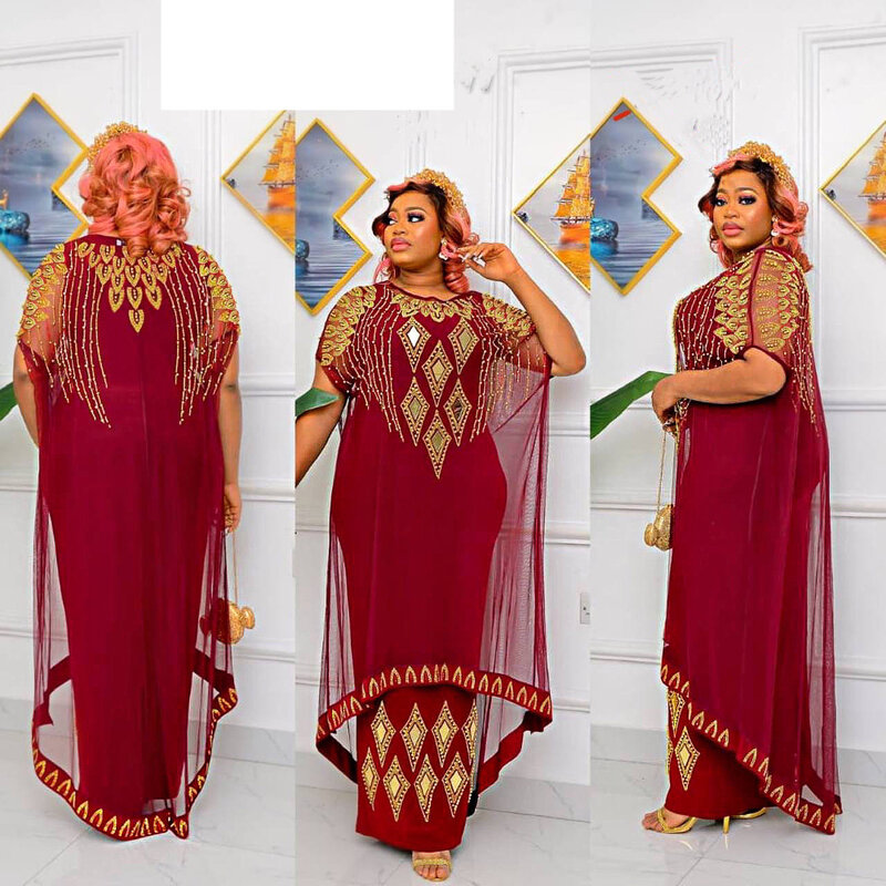 Fake Two-Piece African Dresses for Women 2023 Traditional Nigeria Mesh Hot Drill Caftan Dress Abaya Musulman Robe Femme Clothes