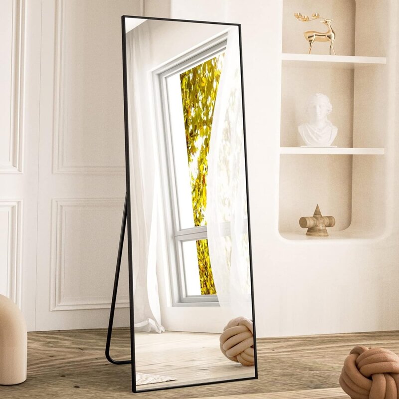Cermin panjang penuh-cermin lantai persegi panjang 64 inci x 21 "-bingkai aluminium berdiri bebas dinding & ketinggian cermin hitam besar