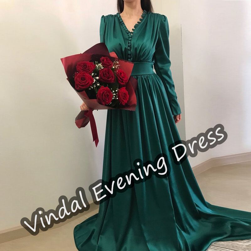Vindal sukienka wieczorowa z dekoltem w szpic o długości do podłogi elegancki wbudowany biustonosz seksowny marszczony saudyjski arabski satynowy rękawy dla kobiet 2024