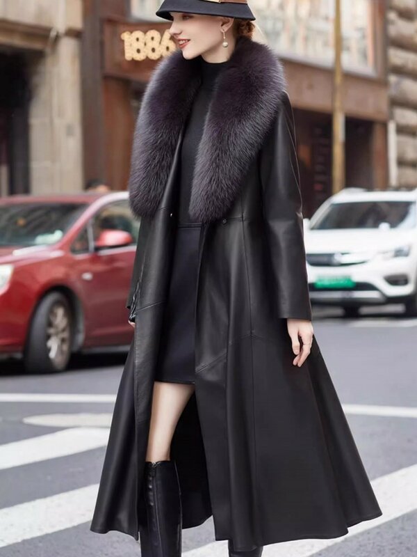 Женское длинное пальто из натуральной овечьей кожи, с воротником из лисьего меха