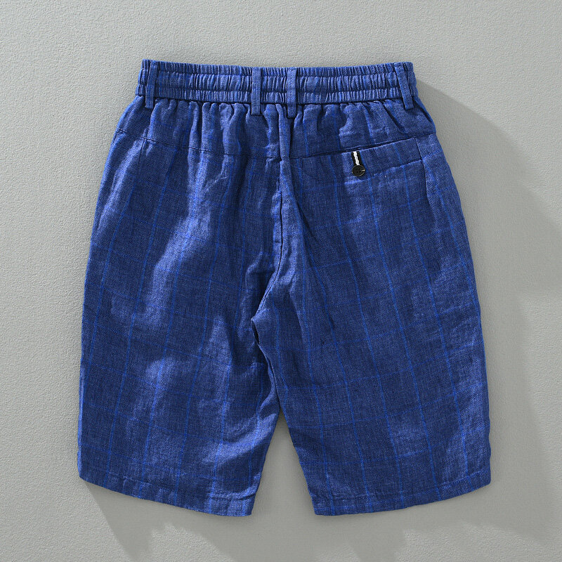 Pantalones cortos a cuadros para hombre, Shorts informales de lino puro con cintura elástica y botones, novedad de verano 2024