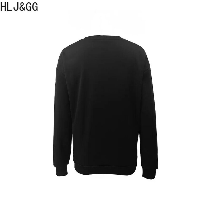 HLJ&GG Black Autumn Casual Letter Printing Pullover Women Round Neck Long Sleeve Loose Tops Female Sporty Matching Clothing 2023