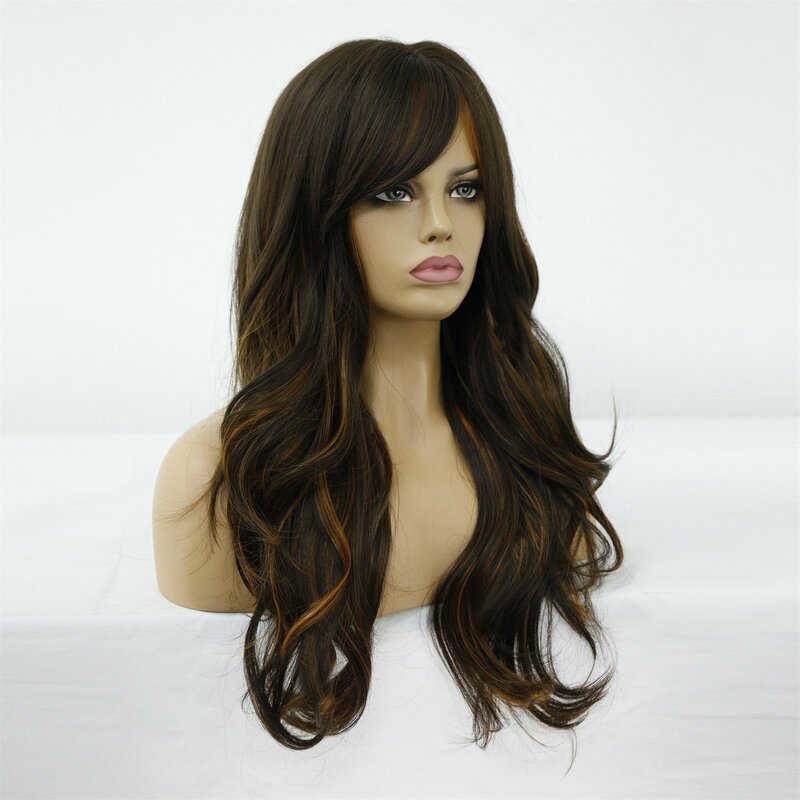 Wig Eight-Character Bangs Brown Black Highlights Wave Long Curly Wig Daily All-Match Matching Wig Natural Full Head Cover Wig