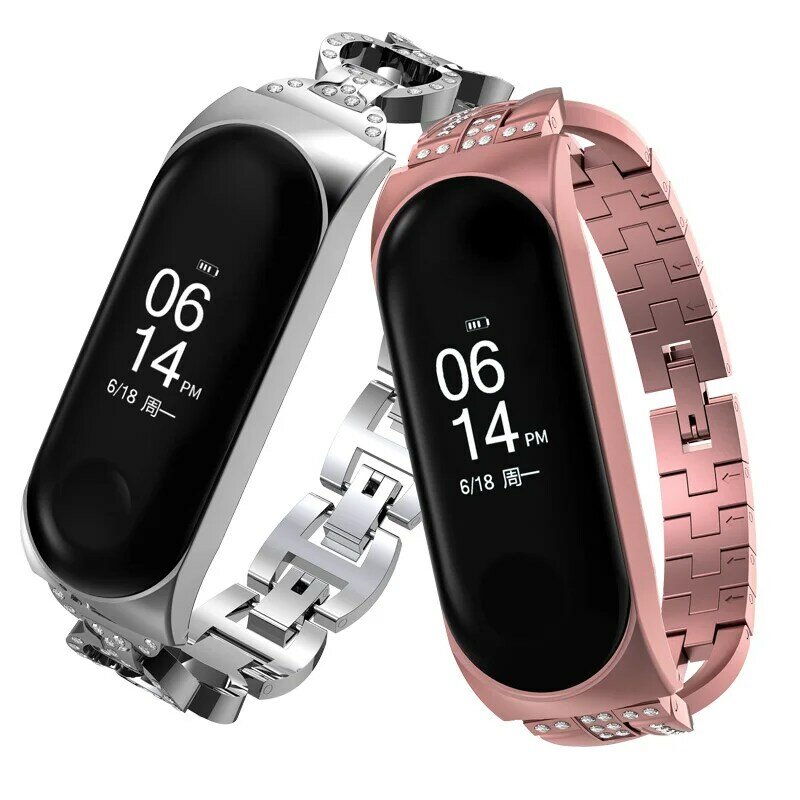 Diamond Rvs Voor Xiaomi Band 3 4 5 6 7 Horloge Band Vervanging Band Armband Rose Goud Vrouwen Voor mi