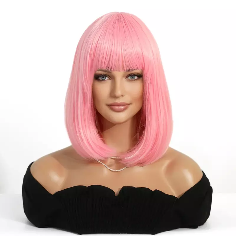 Natural Synthetic Bob Wig Short Straight Wig Pink Wig for Woman Daily Party Cosplay Lolita Wigs with Bangs Heat Resistant Fiber