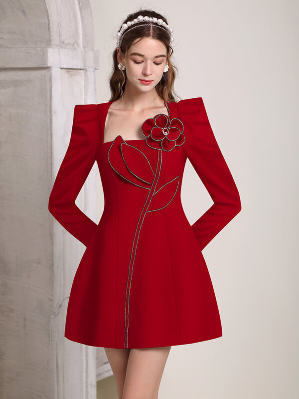 Gaun merah kecil wanita, gaun wanita bunga 3D temperamen elegan musim gugur gaya Hepburn Retro