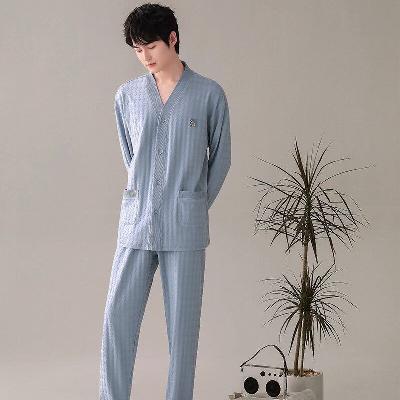 Men's pajamas long sleeve cotton spring autumn cardigan jacquard weave pajama men big yards v-neck household suit for young male
