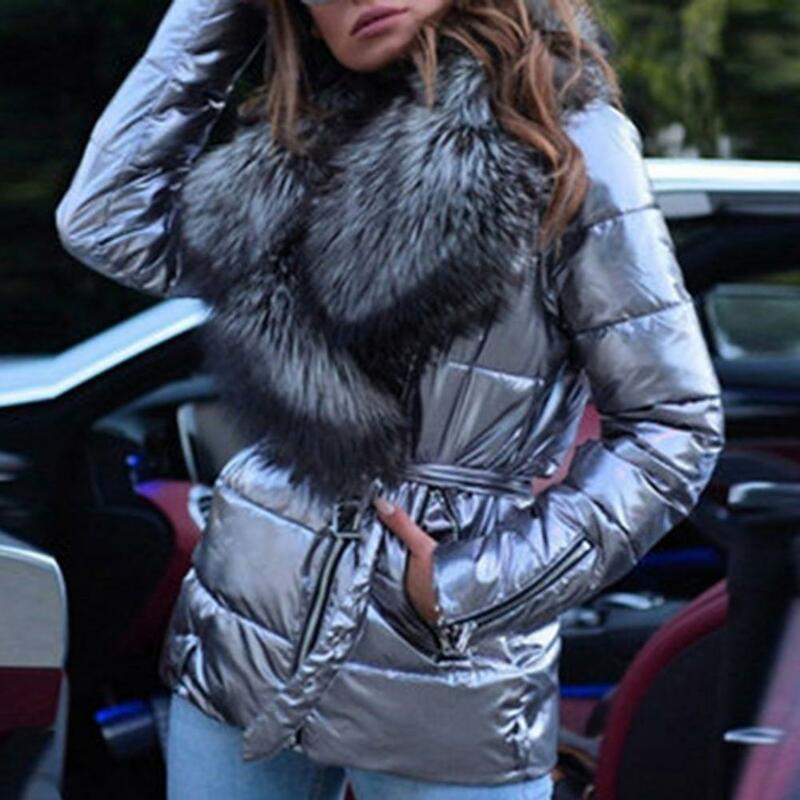Jaket wanita musim dingin, mantel katun hangat jaket Puffer kerah bulu palsu tebal penutupan ritsleting permukaan terang