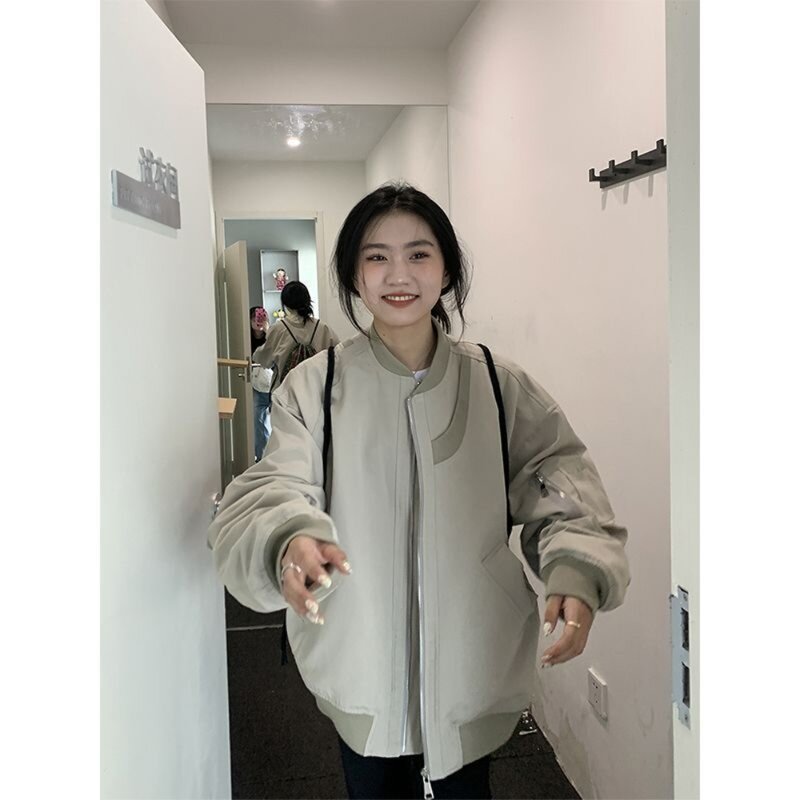 2023 Fashion Bomber Jacket Women Thin Spring Autumn Double Layer Inner Lining Zipper Loose American Cargo Coats Oversized 3XL