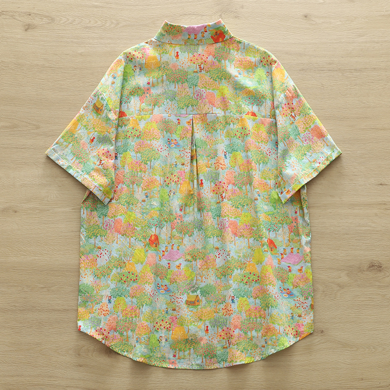 Chemises et chemisiers College en fil de coton pour femmes, vêtements Mori Kei, manches courtes vintage, imprimé forêt, été, 100%