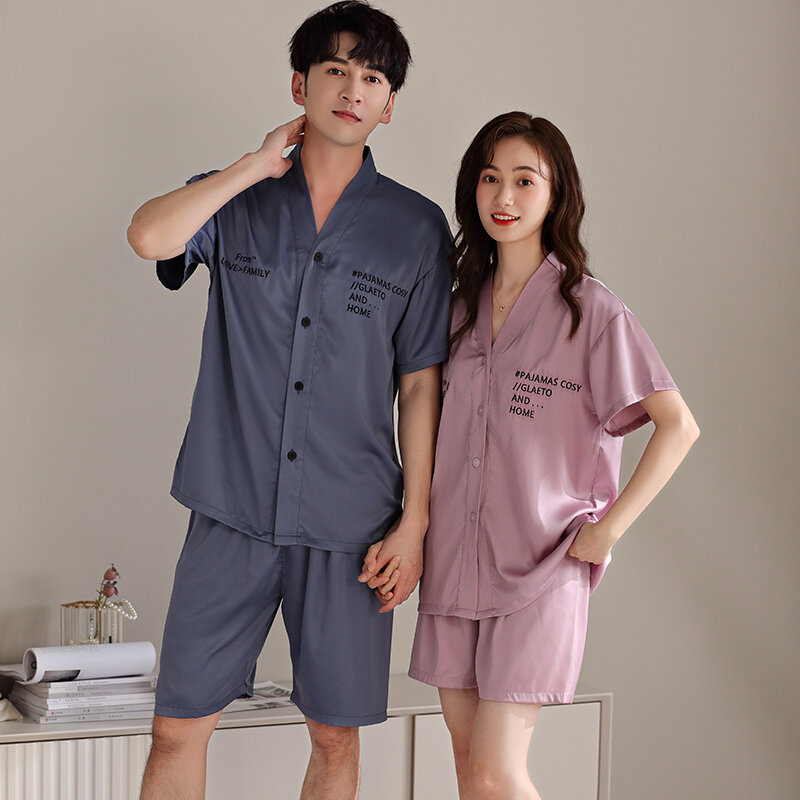 Conjunto pijama de seda masculino e feminino, roupa para casa com decote v, pijama lounge, pijama manga curta, verão